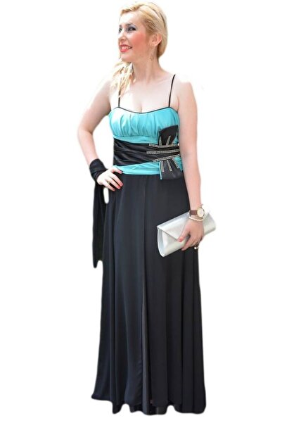 OEM Rochie rafinata, lunga de seara, din saten si voal negru-turcoaz