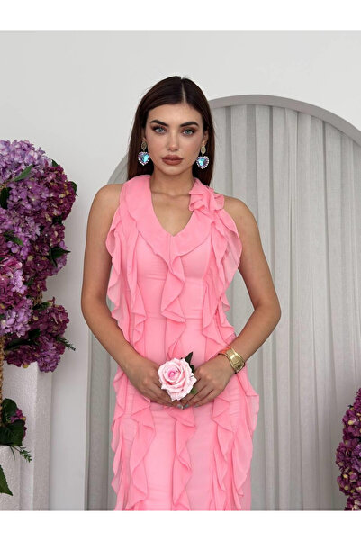 Clothes Fast Women's Pink Midi Dress V-Neck Flounced Chiffon Sleeveless Event...