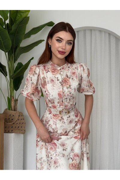 Clothes Fast فستان نسائي بيج متوسط الطول بتصميم زهور وتفاصيل حزام وياقة عالية...