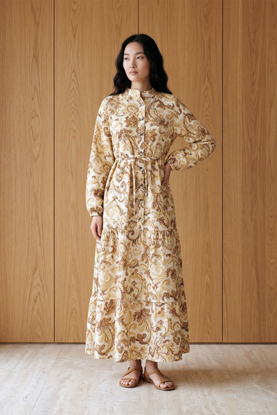 MODAQU Patterned Polycotton Half-Buttoned Long Dress - Cinnamon