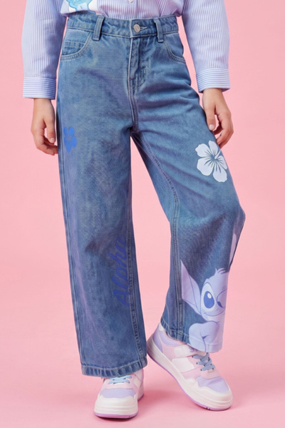 R&B Stitch Print Wide Leg Jeans with Button Closure