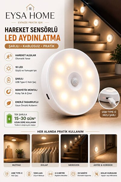 Layrol Hareket Sensörlü Usb Şarjlı Led Işık Lamba 2 Renk Beyaz ve Gün Işığı