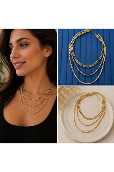 Bozhi Gold Color 3 Layered Chain Necklace Women's Combination Necklace Gold S...