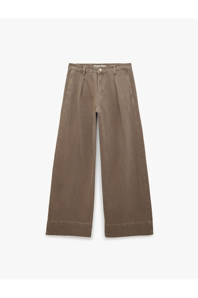 Koton Pleated Cotton Regular Waist Wide Leg Pants with Pocket Detail - Wide L...