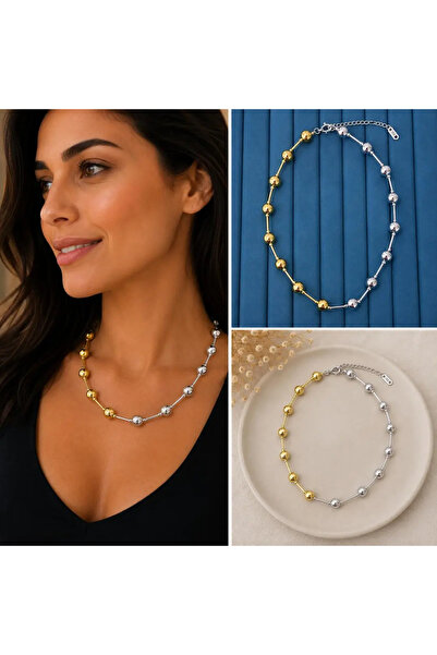 Bozhi Gold & Silver Color Gradient Ball Detailed Women's Necklace Gold Steel