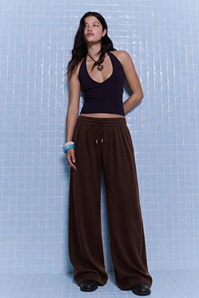 DAMGA JEANS Women's Pleated Brown Palazzo Fabric Trousers