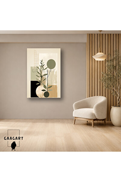GAAGART Tekli Dikey Kanvas Tablo Zeytin Yeşili Bej Siyah Geometrik Botanik Ko...