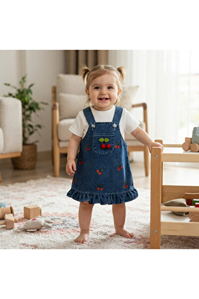 Bovi Bebek Kiraz Desenli Denim Salopet Kız Elbise ve Tişört Kombin Takımı