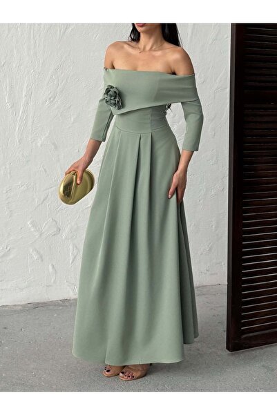 Moda Days Women's Mi̇nt Boat Neck Floral Applique Detailed Waist Fitted 3/4 S...
