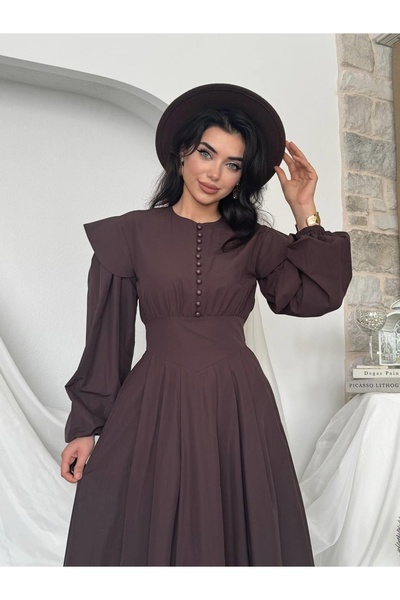 Clothes Fast Women's Coffee Color Midi Dress Balloon Sleeve Shoulder Flounce ...