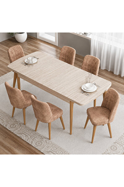 MEDA CONCEPT Traverten Collection 6 Kişilik Açılır Yemek Masası Takımı
