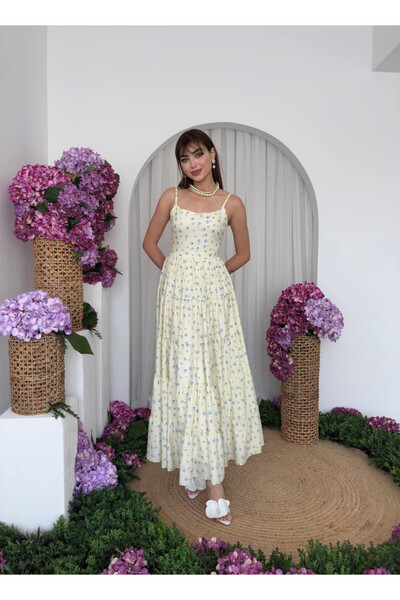 Moda Days Women's Sari Floral Patterned Rope Strap Square Neck Gathered Long ...