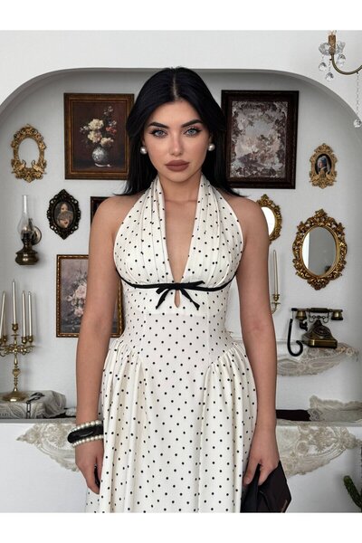 Clothes Fast Women's Ecru Polka Dot Halter Neck Gathered Midi Atlas Dress