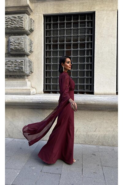 Clothes Fast Kadın BURGUNDY - BORDO Elbise Maxi Boy Dik Yaka Şifon Kollu Büzg...