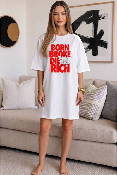 JANTIL MODA Crew Neck Safety Pin Detailed "Born Broke Die Rich" Written Extra...