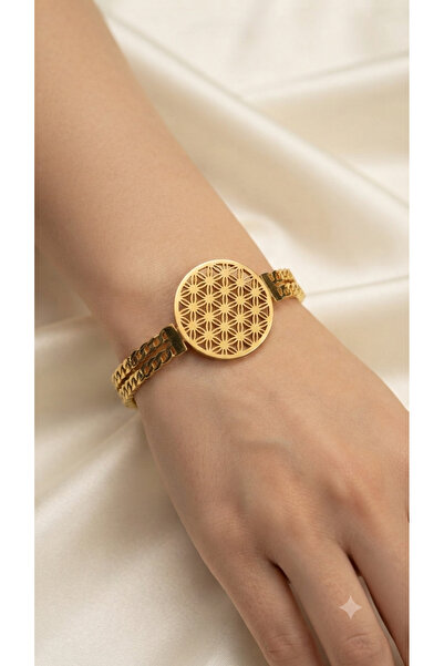 Bymiel Flower of Life Patterned Gold Color Stainless Steel Handcuff Bracelet ...