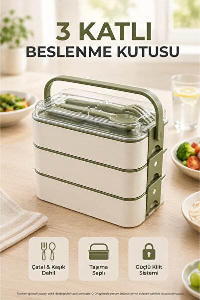 Open Home Concept Green 3-Tier Lunch Box Set with Fork and Spoon, Locking Lid...
