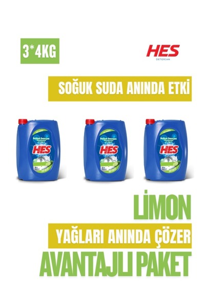 Hes Limon Elde Bulaşık Deterjanı 4 KG x 3 Adet | Güçlü Yağ Çözücü, Soğuk Suda...