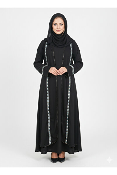 RIZQE Layered Kimono Abaya | Black Nida Jacket Style with Geometric Crystal T...