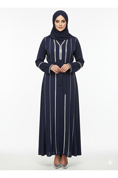 RIZQE Rizqé Navy Blue Abaya | Linear Silver Embellished Belted Modest Dress |...
