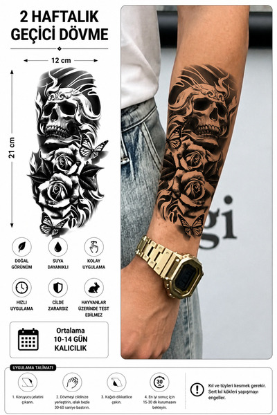 medink tattoo Gerçekçi Kurukafa ve Çiçek kelebek Model Geçici Kol Bacak Geçic...