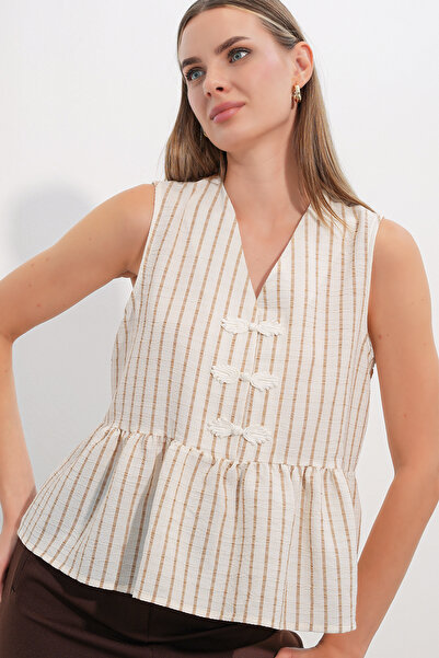 Bigdart Women's Button Detailed Striped Blouse 40037 - Mink
