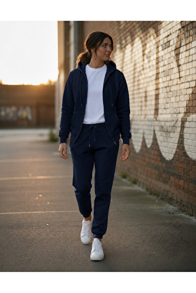 BayBayan Women's 3-Yarn Zippered Hooded Sweatshirt Cardigan Track Suit Set