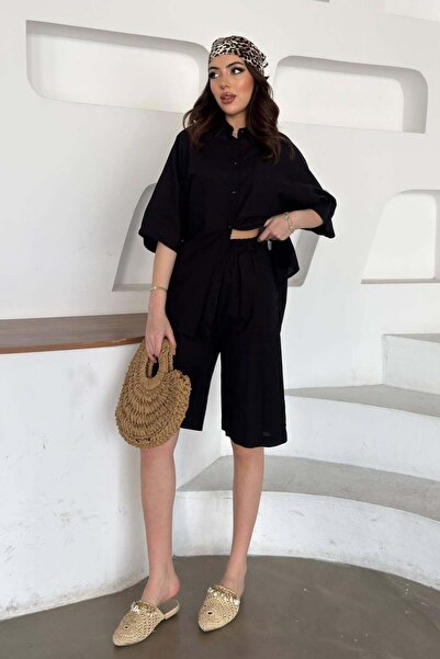 Moda Days Women's Black Shirt-Shorts Set Shirt Shorts Set Buttoned Shirt Coll...
