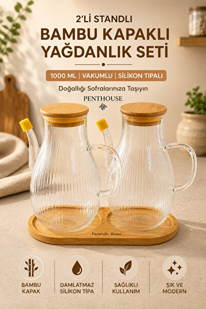 Penthouse 2'li Bambu Kapaklı 1000 ml Borosilikat Cam Yağdanlık Seti Silikon T...