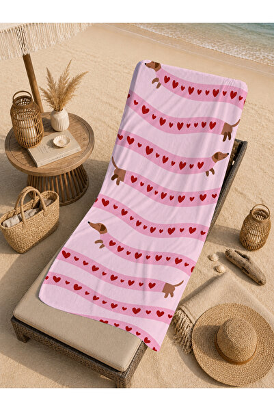 Evmila Cute Pink Heart Striped Sausage Dog Patterned 70X150 Beach Towel - Cot...