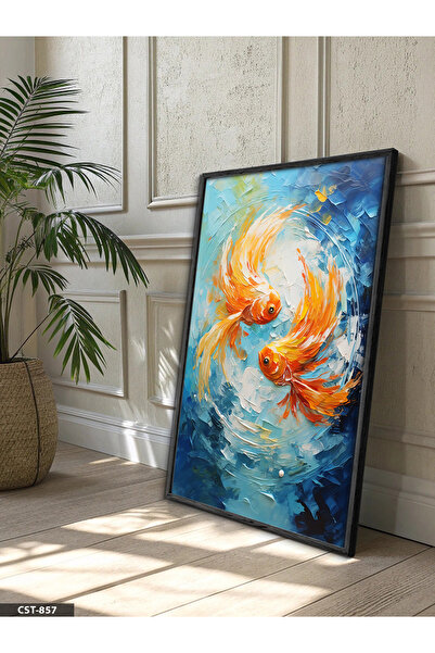 Evinemoda Orange Fishes One Piece Wooden Framed Painting