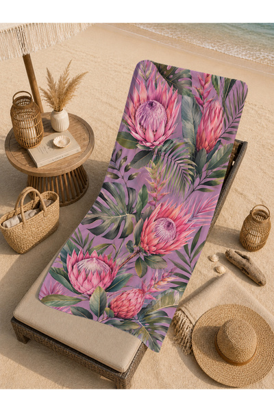 Evmila Prosop de plajă 70x150 cu model flori de protea botanice violet roz - ...