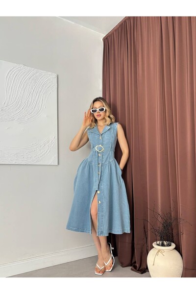 Moda Days Women's Blue Sleeveless Denim Midi Dress Shirt Collar Belted Button...
