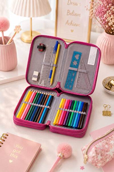 Generic Brand Penar Școlar Echipat Dublu pentru Fete, Model Unicorn, Roz, cu ...