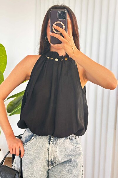 Clothes Fast Bluză de damă, galbenă, cu mărgele, cu decolteu halter, cu croia...