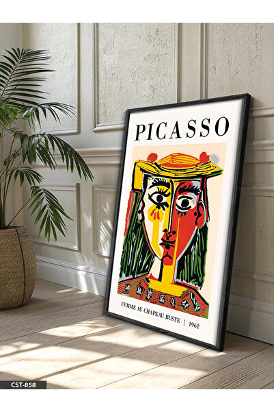 Evinemoda Portrait of Woman with Picasso Hat One Piece Wooden Framed Painting