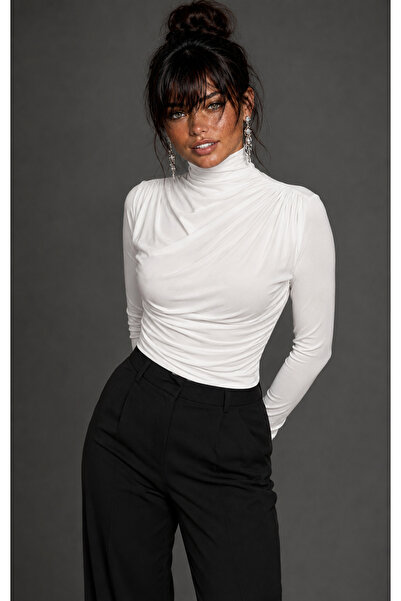 Be Best Women's White Turtleneck Gathered Blouse Be490