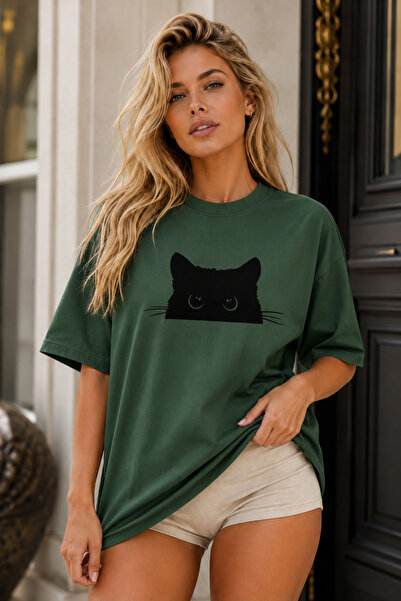 FECCY Premium Black Cat Printed Unisex Oversize Women's T-Shirt Men's T-Shirt...