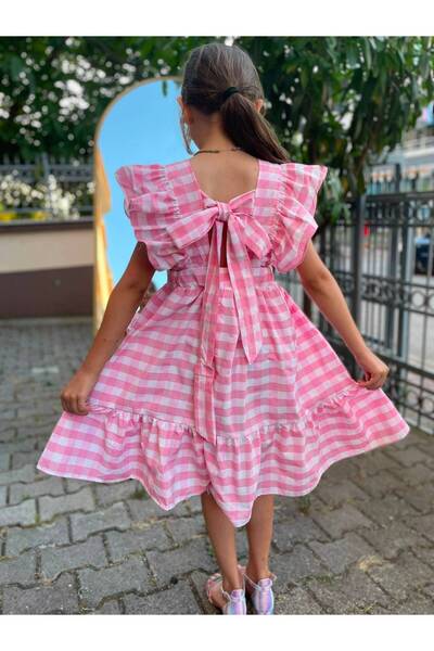 Sare Çocuk Giyim Pink Checkered Summer Girl's Beach Dress