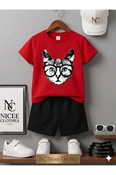 Leto Lykia Summer Children's T-Shirt Shorts Unisex (Cat with Glasses Printed)