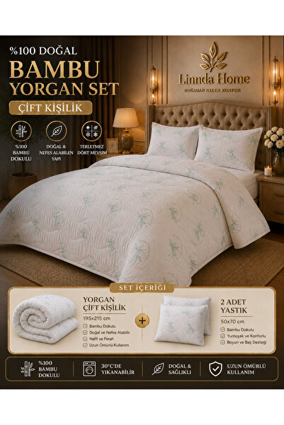 Linnda Home 100% Natural Bamboo Quilt Set Double Size 195X215 cm + 2 Pieces 5...