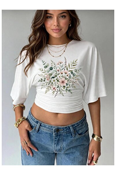 PERISENSE Women's Lycra Bat Sleeve Crop T-Shirt, Fitted at the Waist, Stretch...