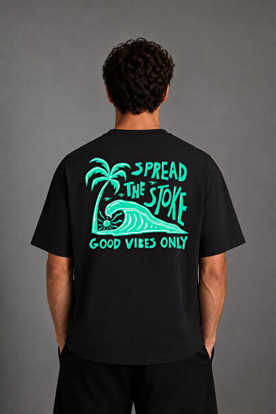 VSRN Tricou oversize negru cu imprimeu pe spate Good Vibes Design