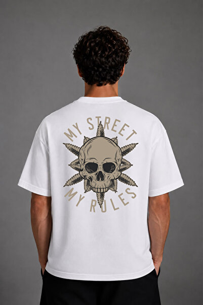 VSRN Tricou oversize alb cu imprimeu pe spate My Street Tasarım