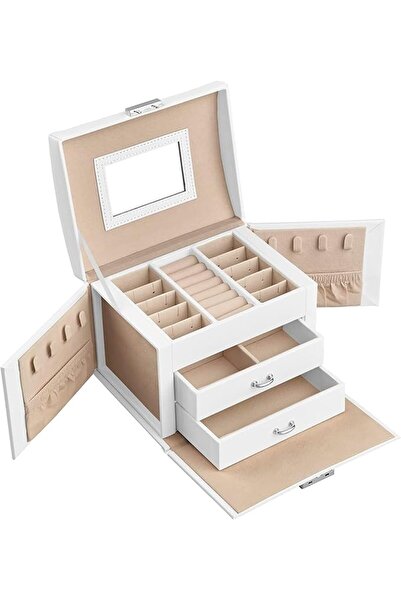 SONGMICS JBC154W01 3-Tier Jewellery Box with Handle, 2 Drawers, Jewellery Box...