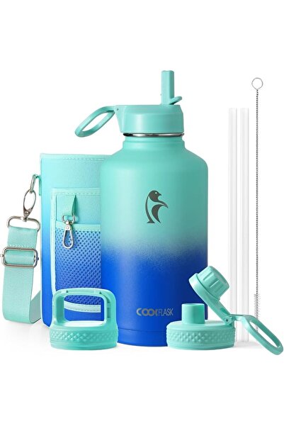 Coolflask زجاجة ماء معزولة سعة 1.9 لتر من الفولاذ المقاوم للصدأ مع قش و3 أغطي...