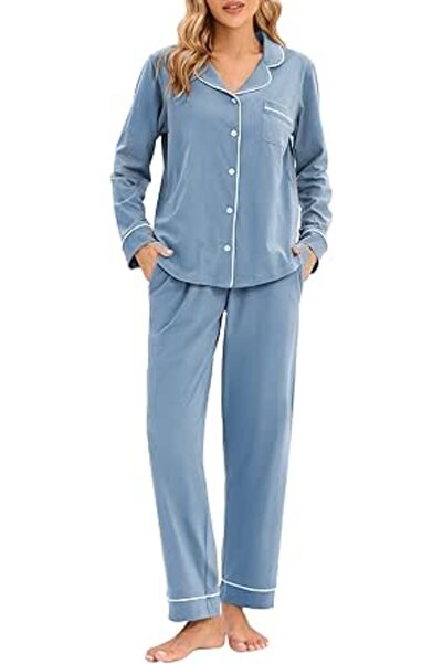 LUBOT 100% Cotton Pajamas for Women PJ Set Button-Down Knitted Soft Long Shor...