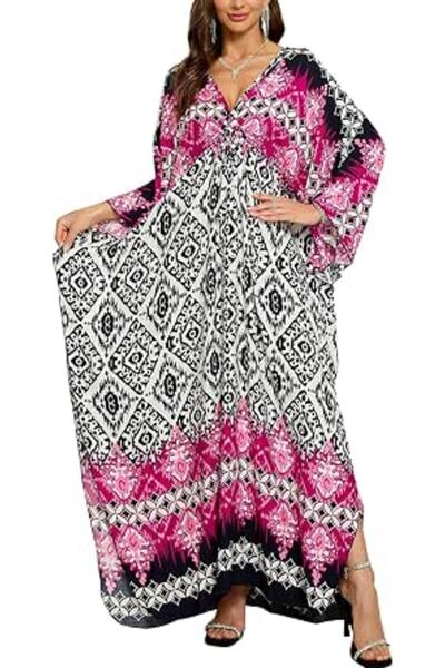 GENERAL Women's Bohemian Kaftan Maxi Loungewear Oversized Nightgown Homewear ...