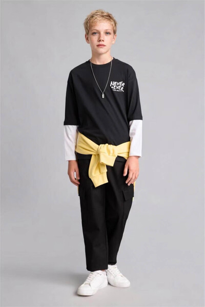 DeFacto Cotton Cargo Jogger Trousers Gabardine Black Pants Boys F1970A825Au