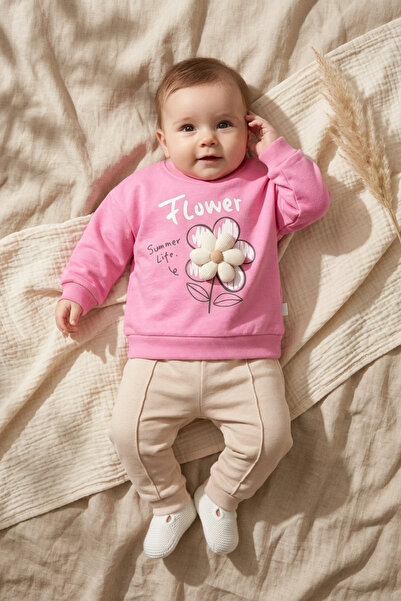 Babydonat Flora Bloom 3D Daisy Detailed Powder Pink Sweatshirt and Ribbed Bei...